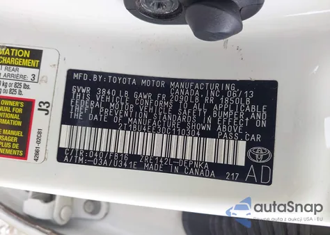 2013 Toyota Corolla Le z USA, uszkodzony, nr VIN 2T1BU4EE3DC110304